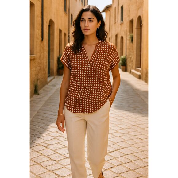 Loro Piana Tops - Loro Piana 100% Silk Polka Dot Blouse Rust White Dot Print Italy Size 42